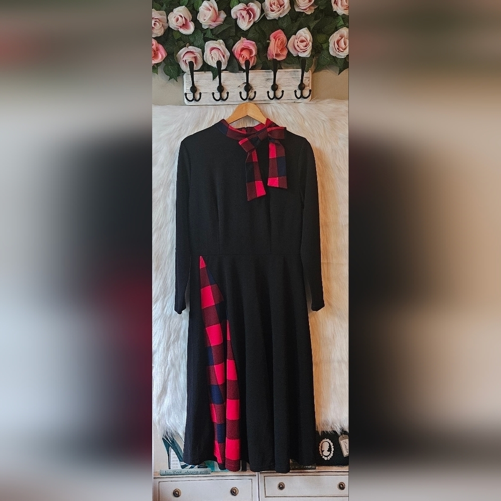 Shein Perfectly Plaid Holiday Midi Dress W/ Bow Accent